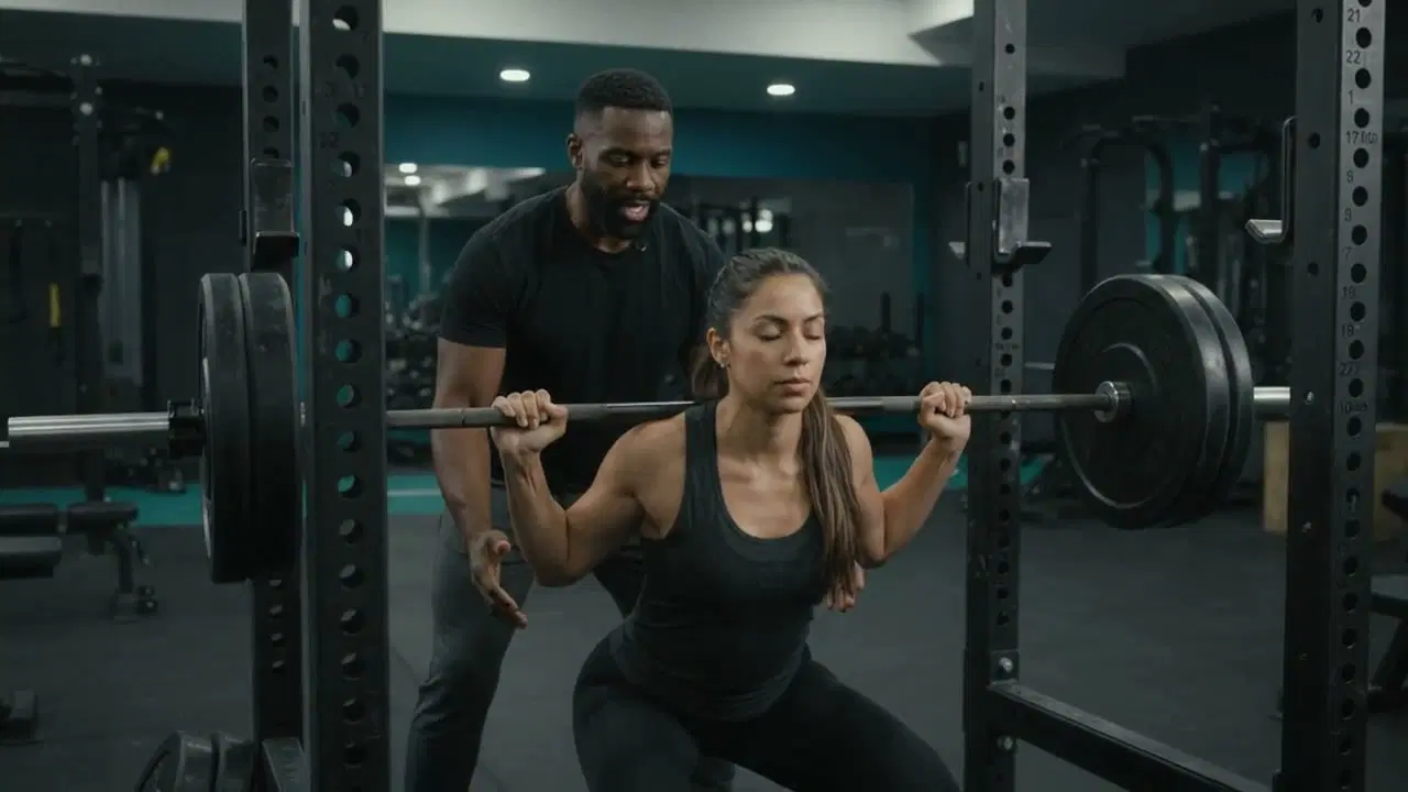 A coach stands behind an athlete in a squat rack, spotting her back squat and cueing the lift.