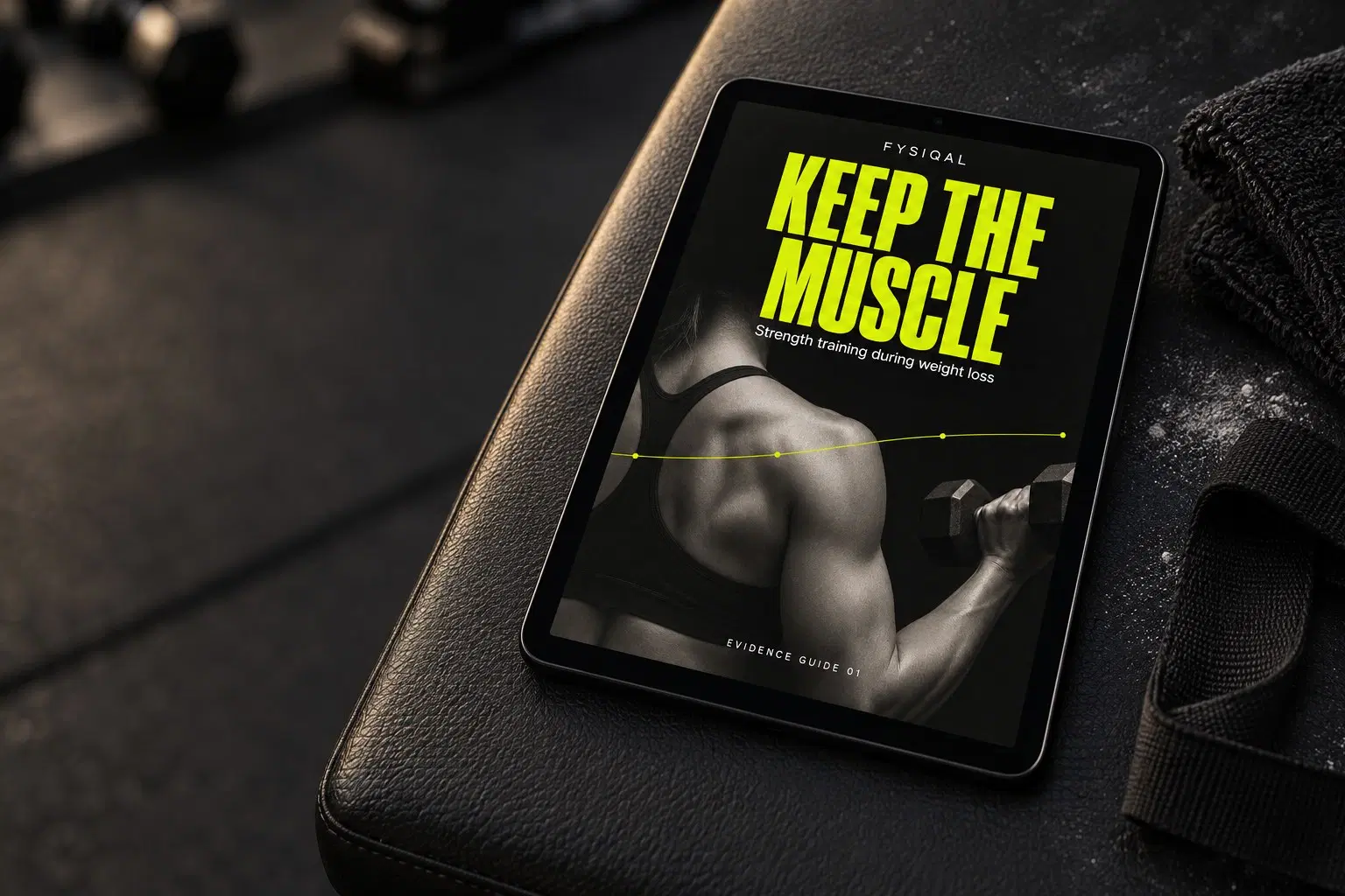 The Keep the Muscle guide open on a tablet resting on a gym bench.