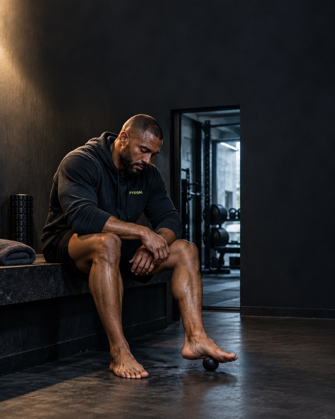 Athlete easing a massage ball under his foot after training.