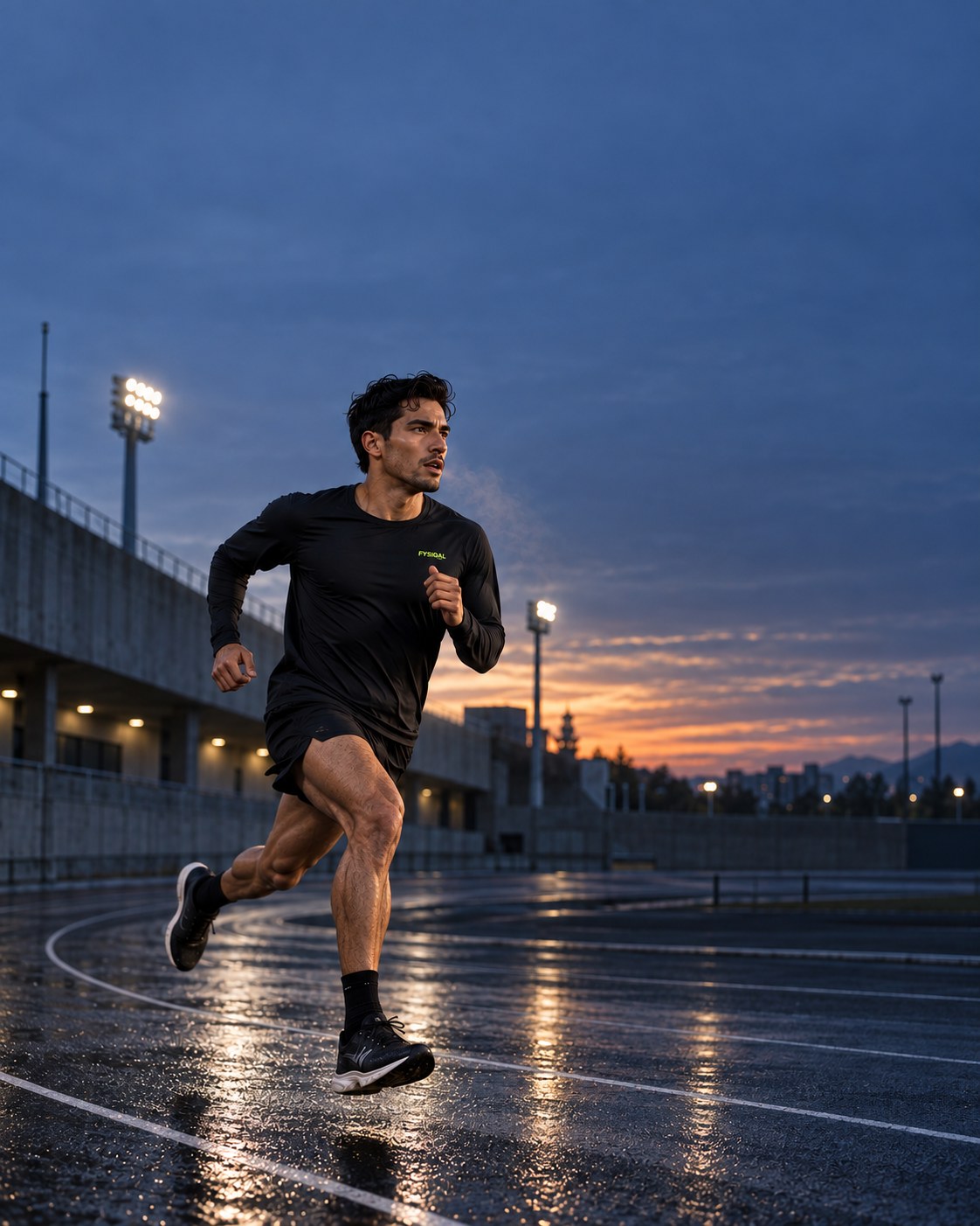 Runner accelerating around a wet track at dawn.