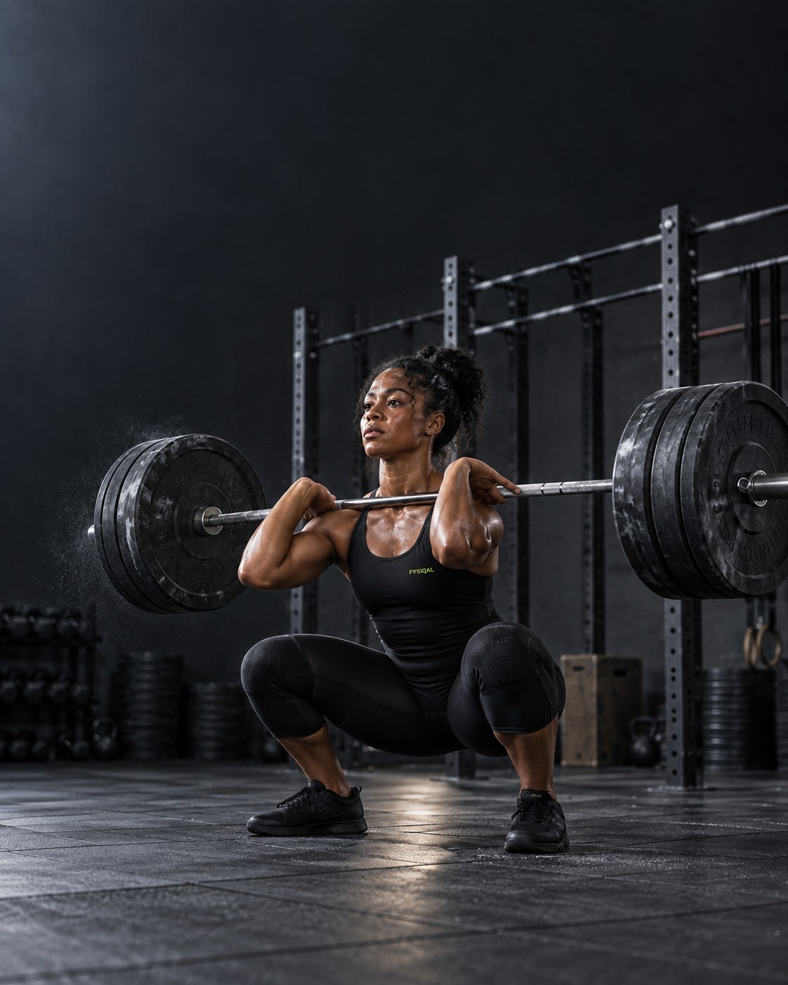 Athlete at the bottom of a front squat in a dark strength gym.